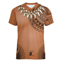 Polynesian Chief Inspired Costume Women V-Neck T-Shirt Tribal Pattern With Tooth Necklace