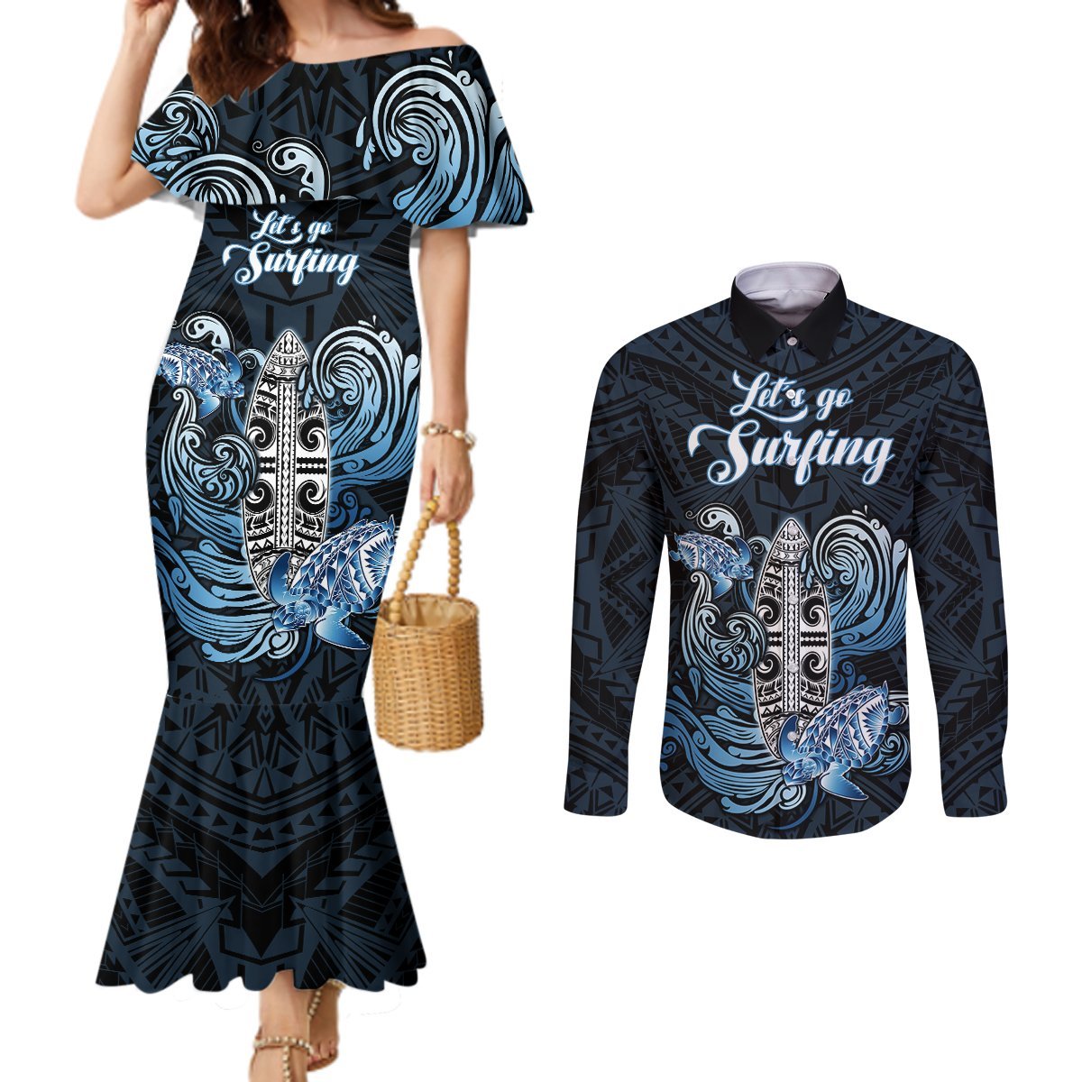Personalised Polynesia Go Surfing Couples Matching Mermaid Dress and Long Sleeve Button Shirt The Pacific Wave Of Water LT05 Blue - Polynesian Pride