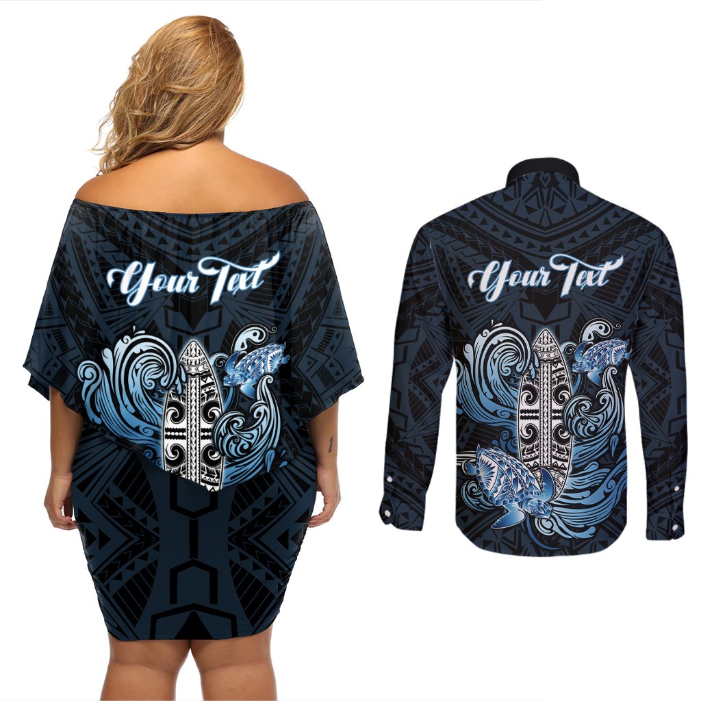Personalised Polynesia Go Surfing Couples Matching Off Shoulder Short Dress and Long Sleeve Button Shirt The Pacific Wave Of Water LT05 - Polynesian Pride