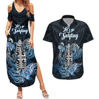 Personalised Polynesia Go Surfing Couples Matching Summer Maxi Dress and Hawaiian Shirt The Pacific Wave Of Water LT05 Blue - Polynesian Pride