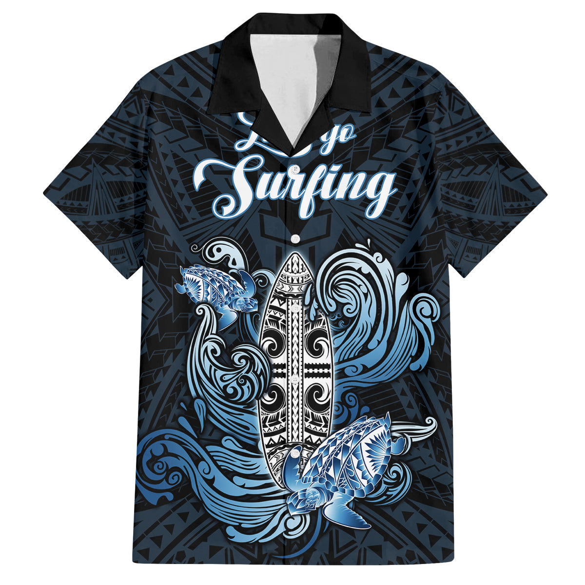 Personalised Polynesia Go Surfing Family Matching Off Shoulder Maxi Dress and Hawaiian Shirt The Pacific Wave Of Water LT05 Dad's Shirt - Short Sleeve Blue - Polynesian Pride