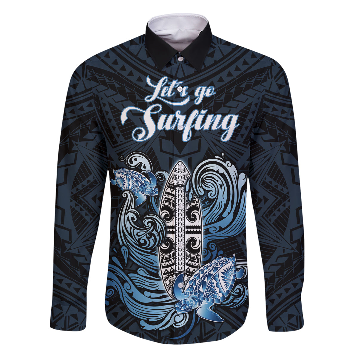 Personalised Polynesia Go Surfing Family Matching Puletasi Dress and Hawaiian Shirt The Pacific Wave Of Water LT05 Dad's Shirt - Long Sleeve Blue - Polynesian Pride