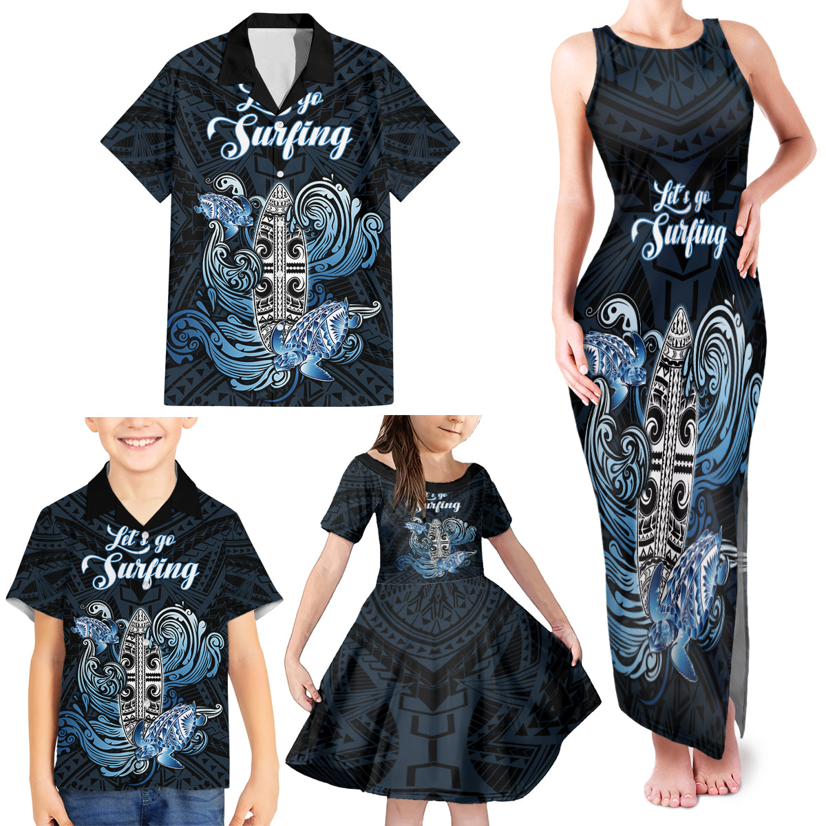 Personalised Polynesia Go Surfing Family Matching Tank Maxi Dress and Hawaiian Shirt The Pacific Wave Of Water LT05 - Polynesian Pride