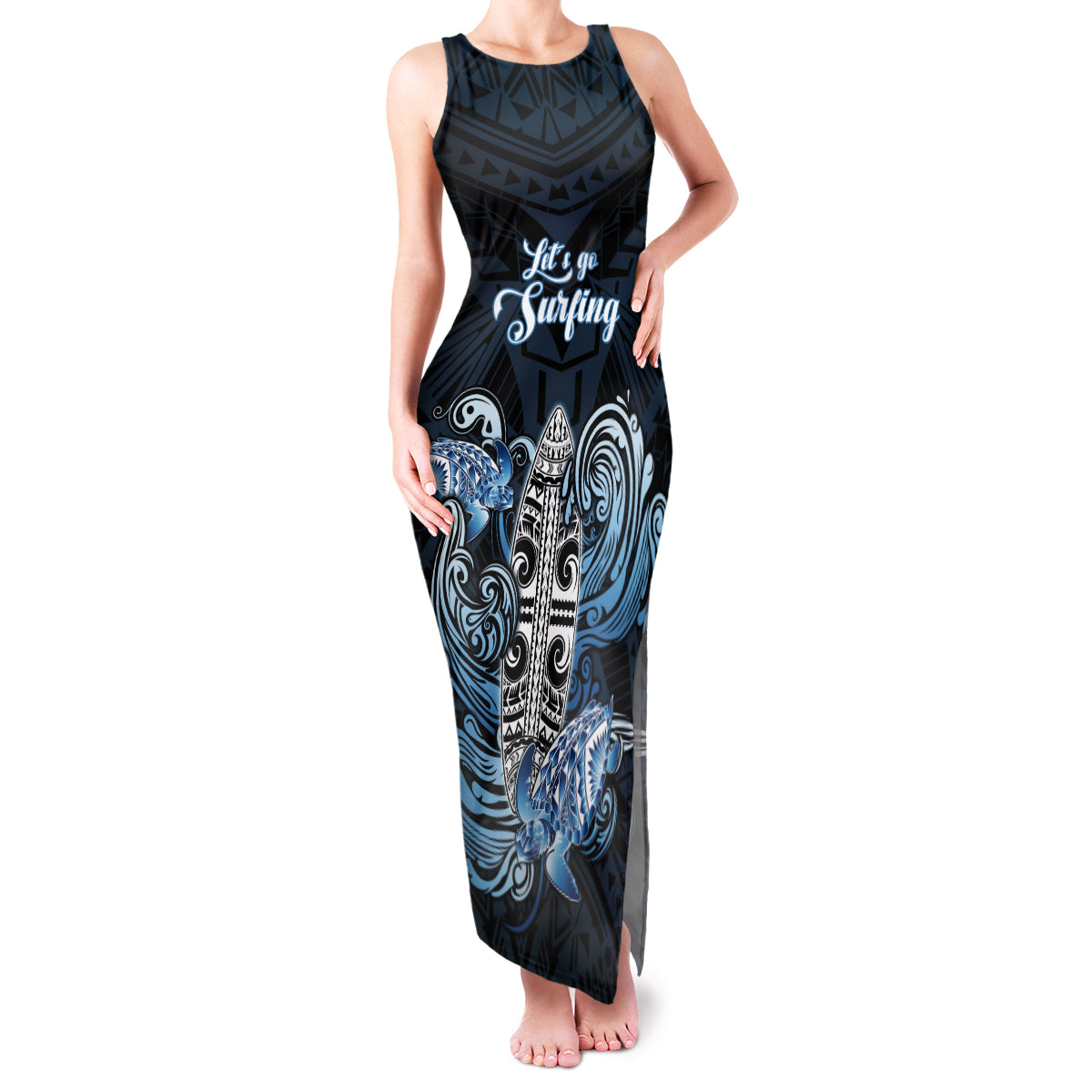 Personalised Polynesia Go Surfing Family Matching Tank Maxi Dress and Hawaiian Shirt The Pacific Wave Of Water LT05 Mom's Dress Blue - Polynesian Pride
