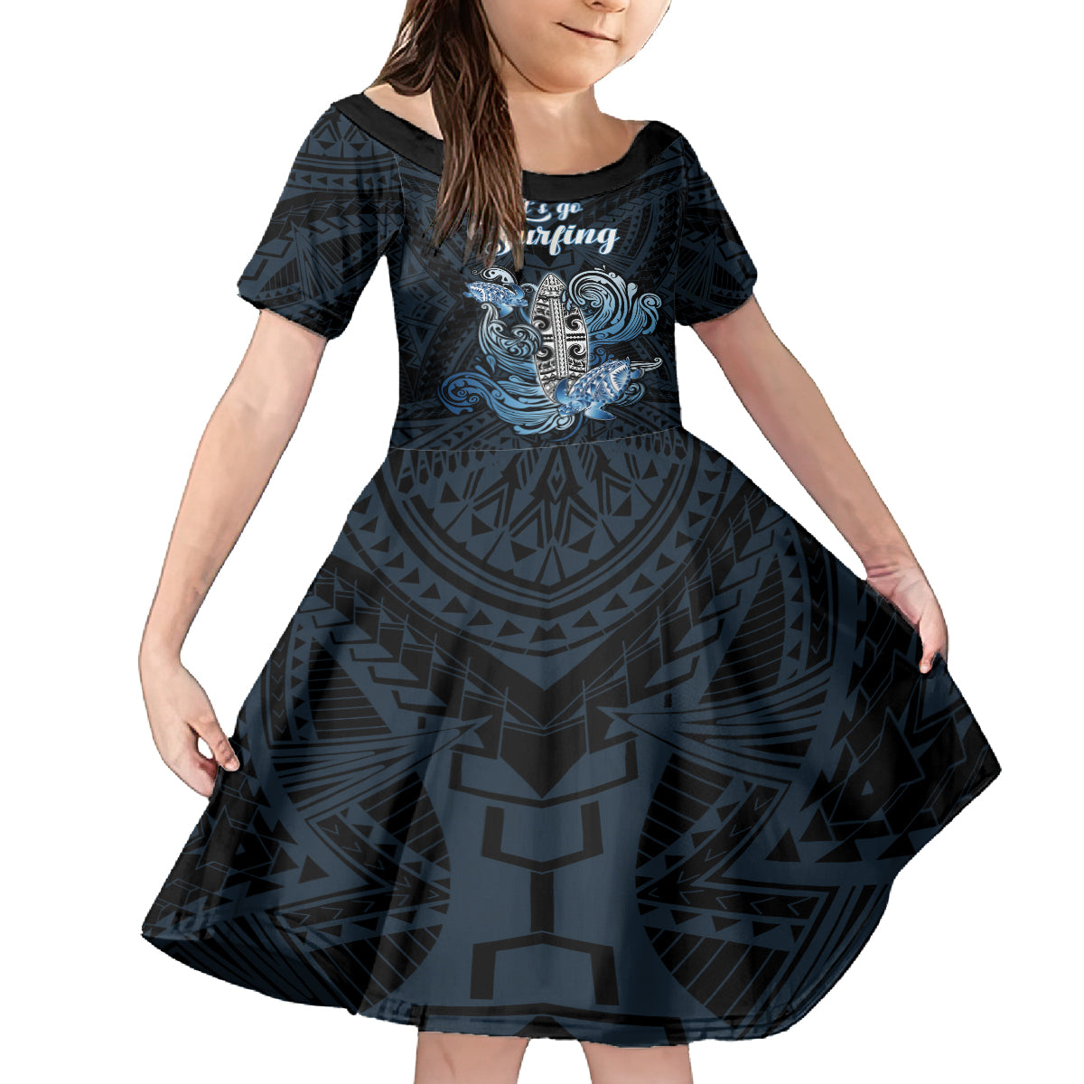 Personalised Polynesia Go Surfing Kid Short Sleeve Dress The Pacific Wave Of Water LT05 KID Blue - Polynesian Pride