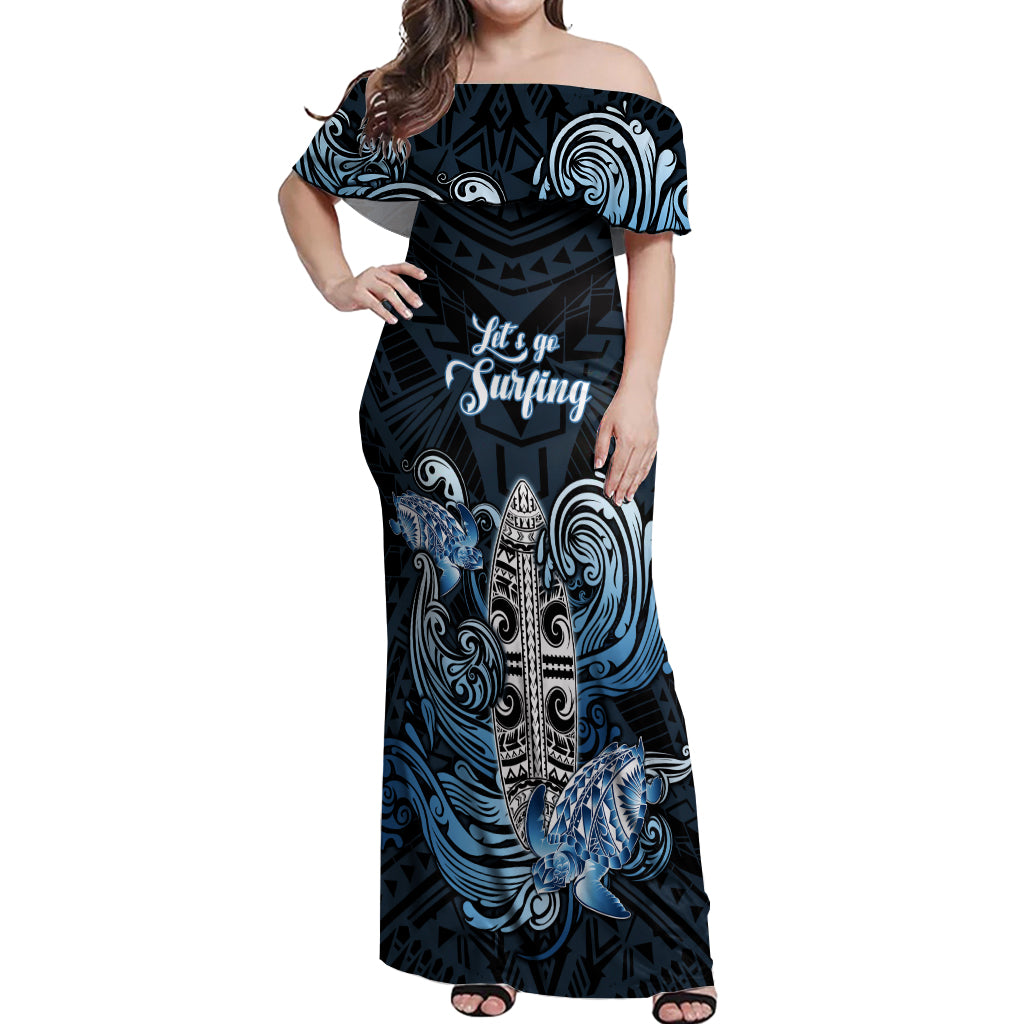Personalised Polynesia Go Surfing Off Shoulder Maxi Dress The Pacific Wave Of Water LT05 Women Blue - Polynesian Pride