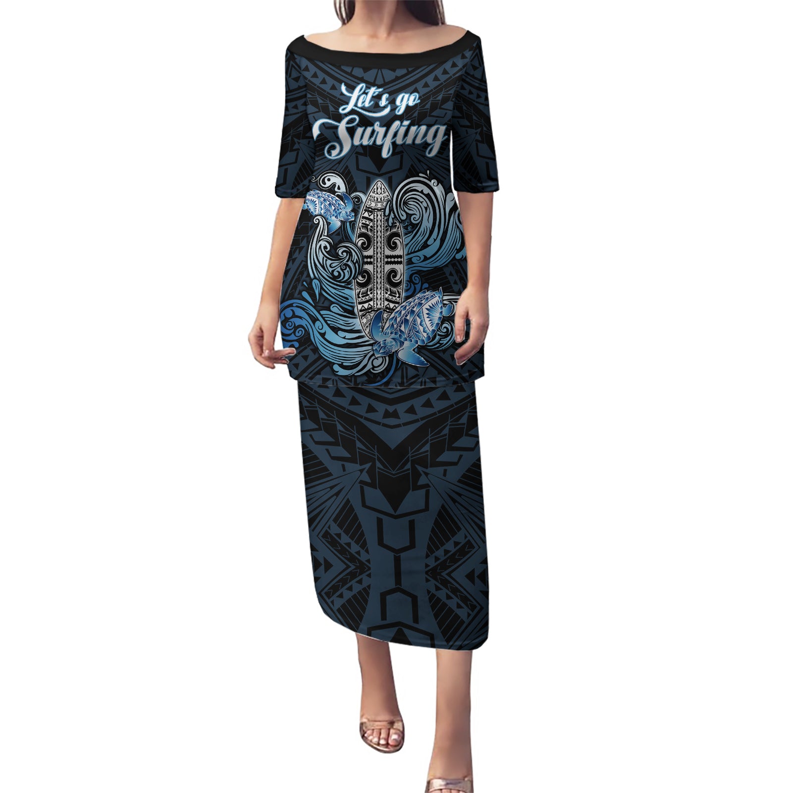 Personalised Polynesia Go Surfing Puletasi The Pacific Wave Of Water LT05 Long Dress Blue - Polynesian Pride