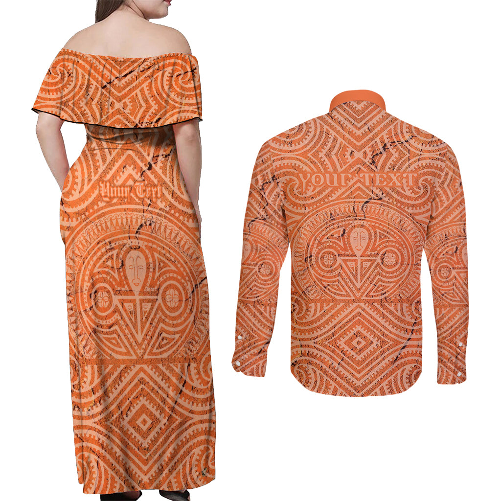 Personalised Lapita Culture Couples Matching Off Shoulder Maxi Dress and Long Sleeve Button Shirt Iconic Double Face Pattern LT05 - Polynesian Pride