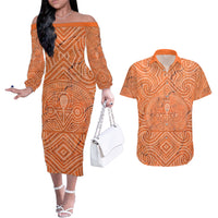 Personalised Lapita Culture Couples Matching Off The Shoulder Long Sleeve Dress and Hawaiian Shirt Iconic Double Face Pattern LT05 Brown - Polynesian Pride