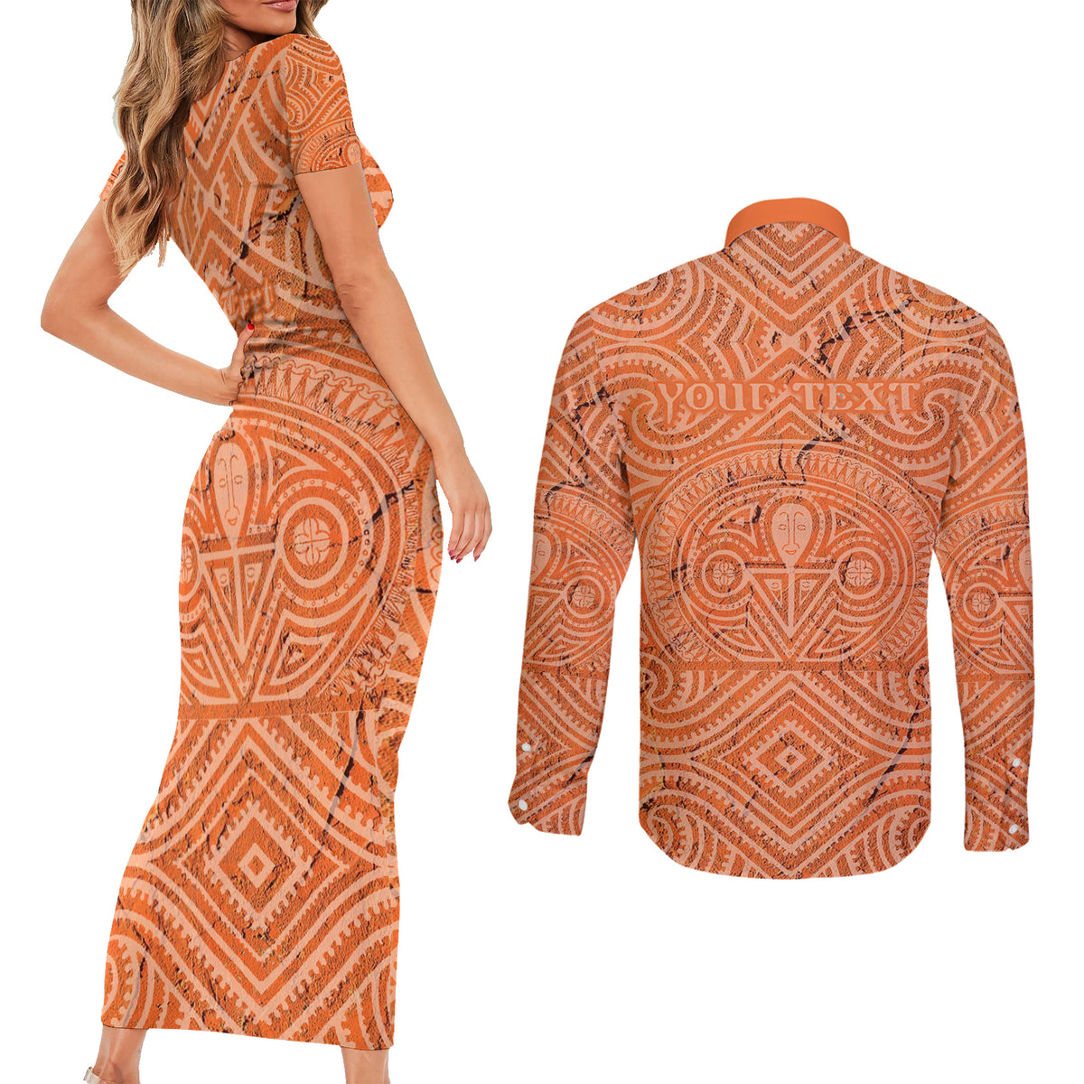 Personalised Lapita Culture Couples Matching Short Sleeve Bodycon Dress and Long Sleeve Button Shirt Iconic Double Face Pattern LT05 - Polynesian Pride