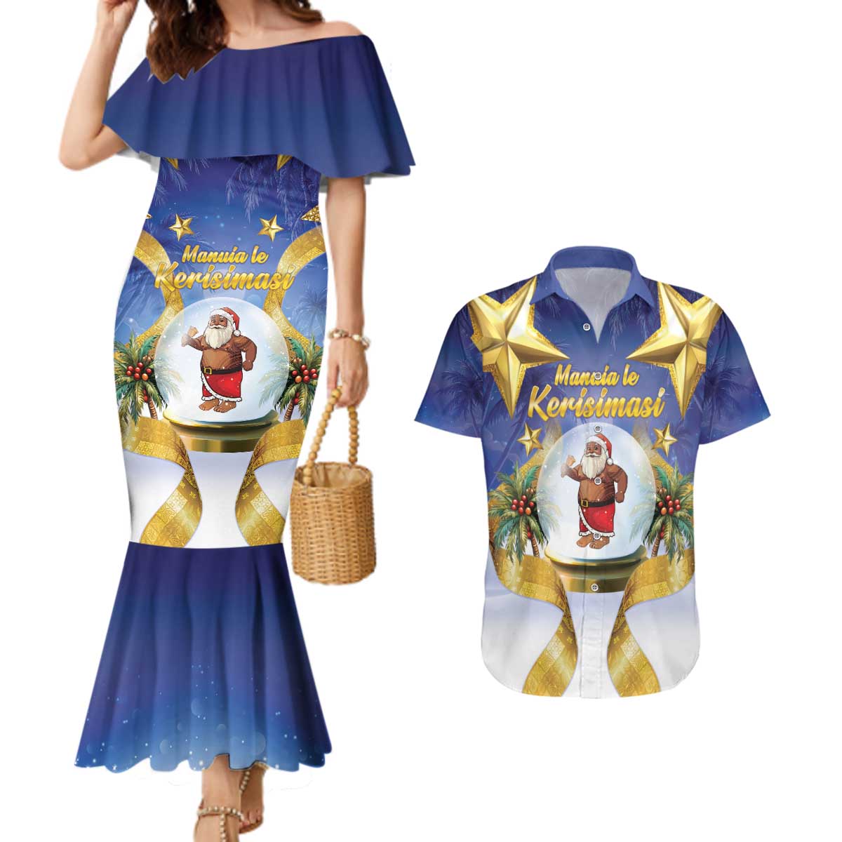 Samoa Christmas Couples Matching Mermaid Dress and Hawaiian Shirt Snow Globe With Samoan Santa - Polynesian Pride