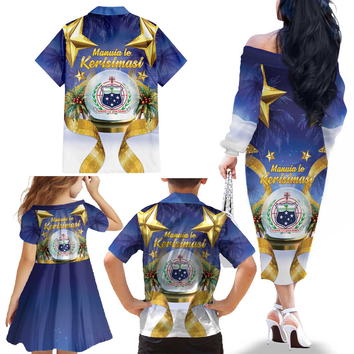 Samoa Christmas Family Matching Off The Shoulder Long Sleeve Dress and Hawaiian Shirt Snow Globe With Samoan Santa - Polynesian Pride