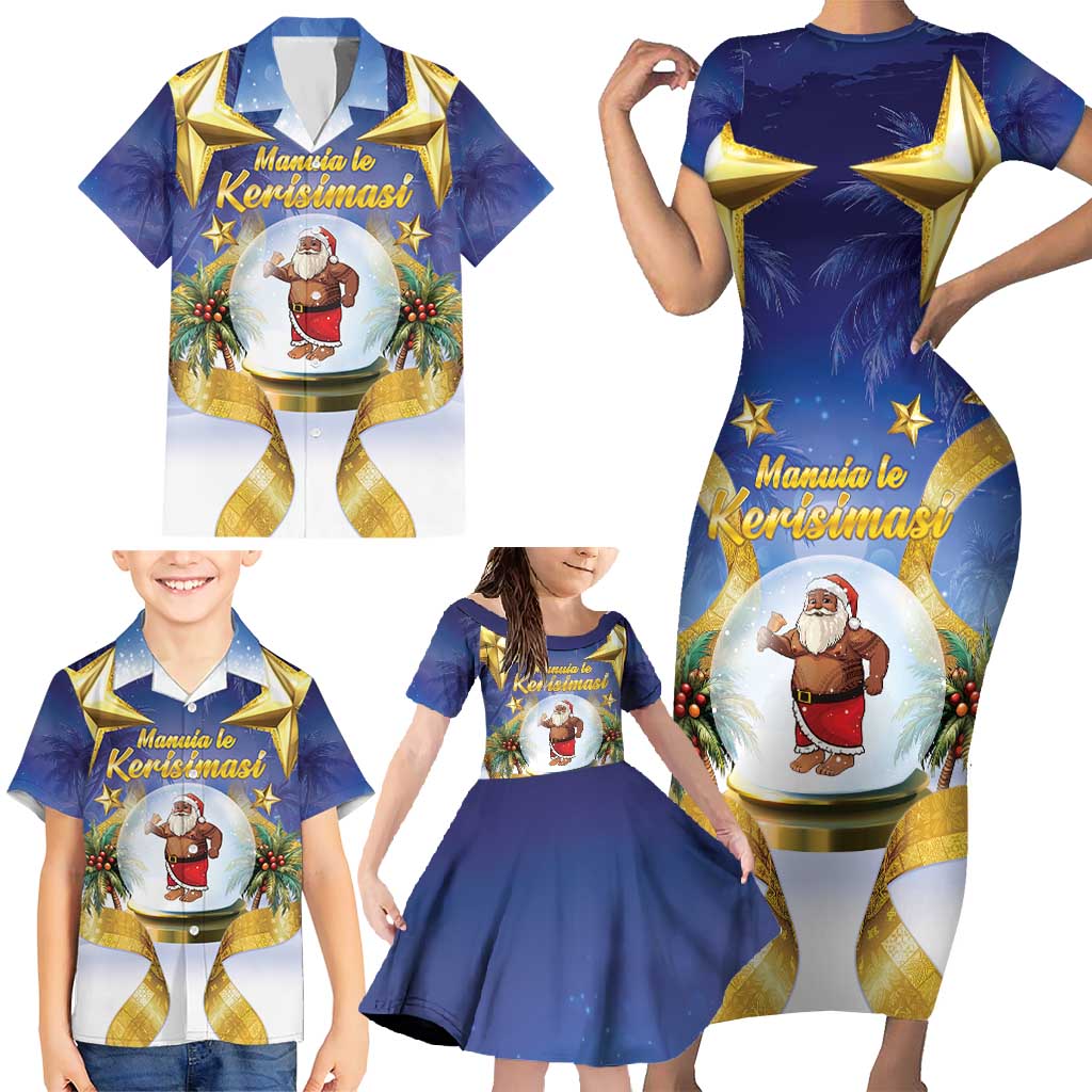 Samoa Christmas Family Matching Short Sleeve Bodycon Dress and Hawaiian Shirt Snow Globe With Samoan Santa - Polynesian Pride