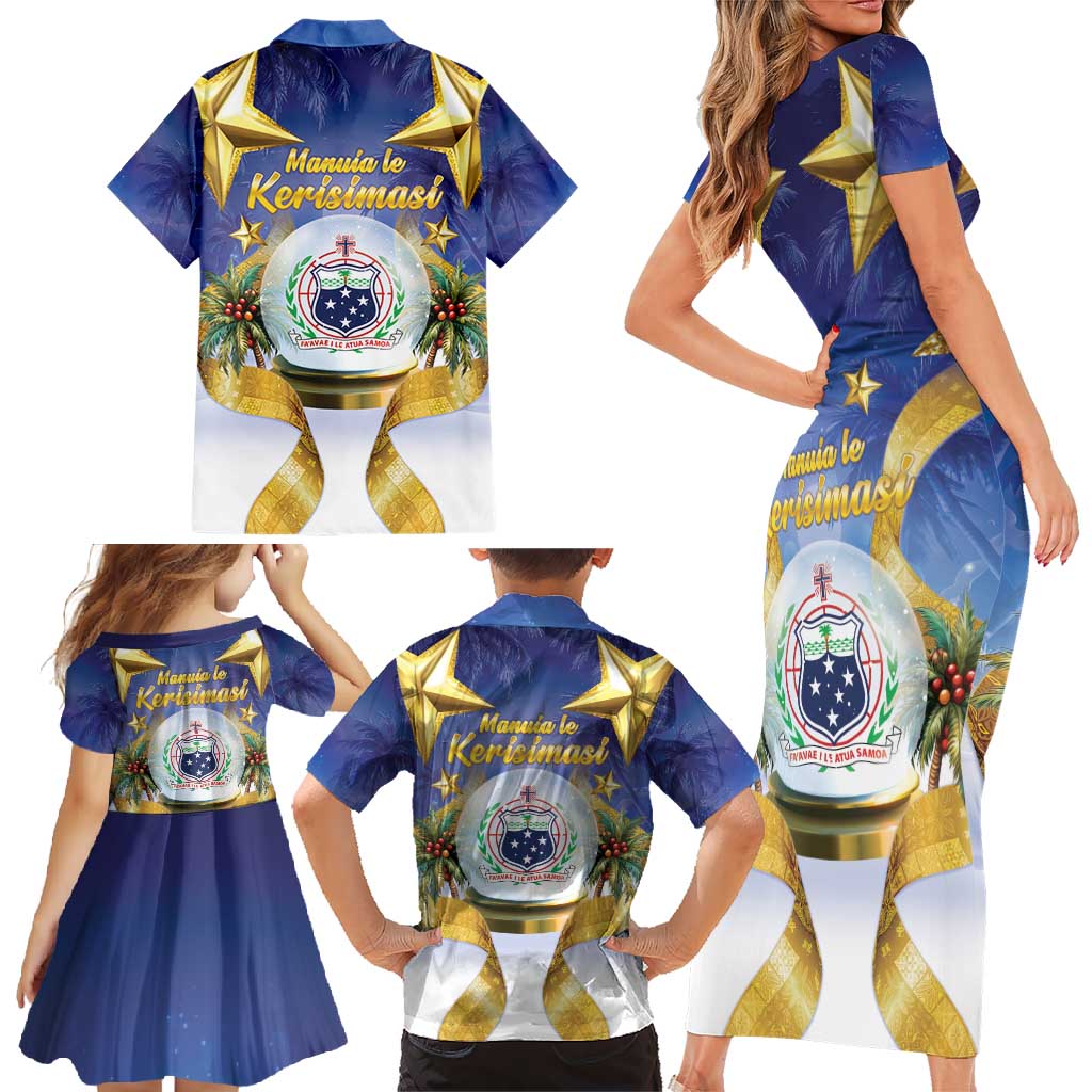 Samoa Christmas Family Matching Short Sleeve Bodycon Dress and Hawaiian Shirt Snow Globe With Samoan Santa - Polynesian Pride