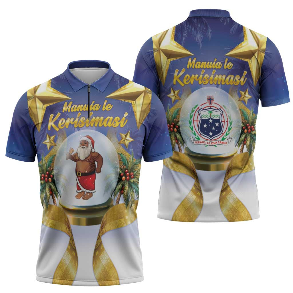 Samoa Christmas Zipper Polo Shirt Snow Globe With Samoan Santa - Polynesian Pride