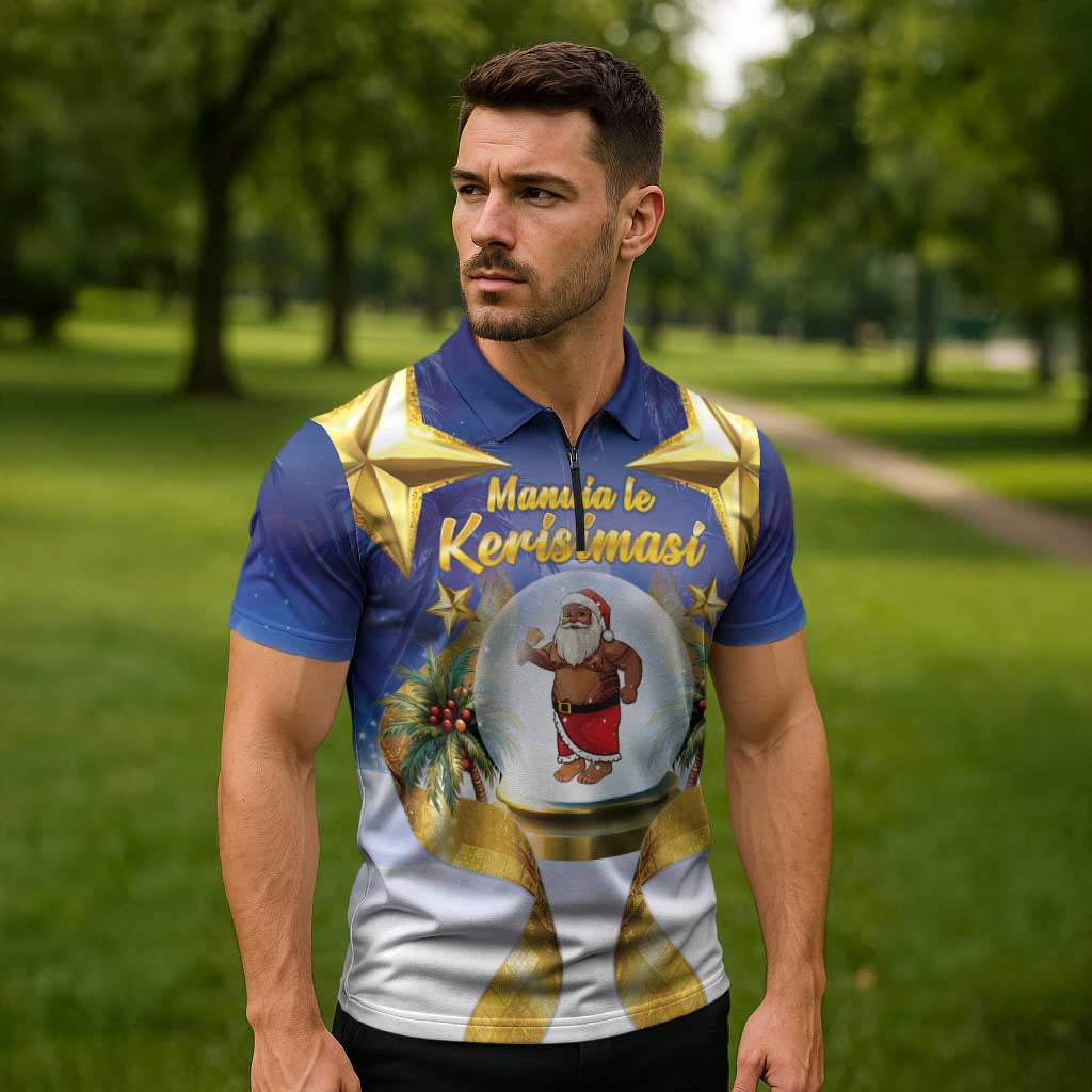 Samoa Christmas Zipper Polo Shirt Snow Globe With Samoan Santa - Polynesian Pride