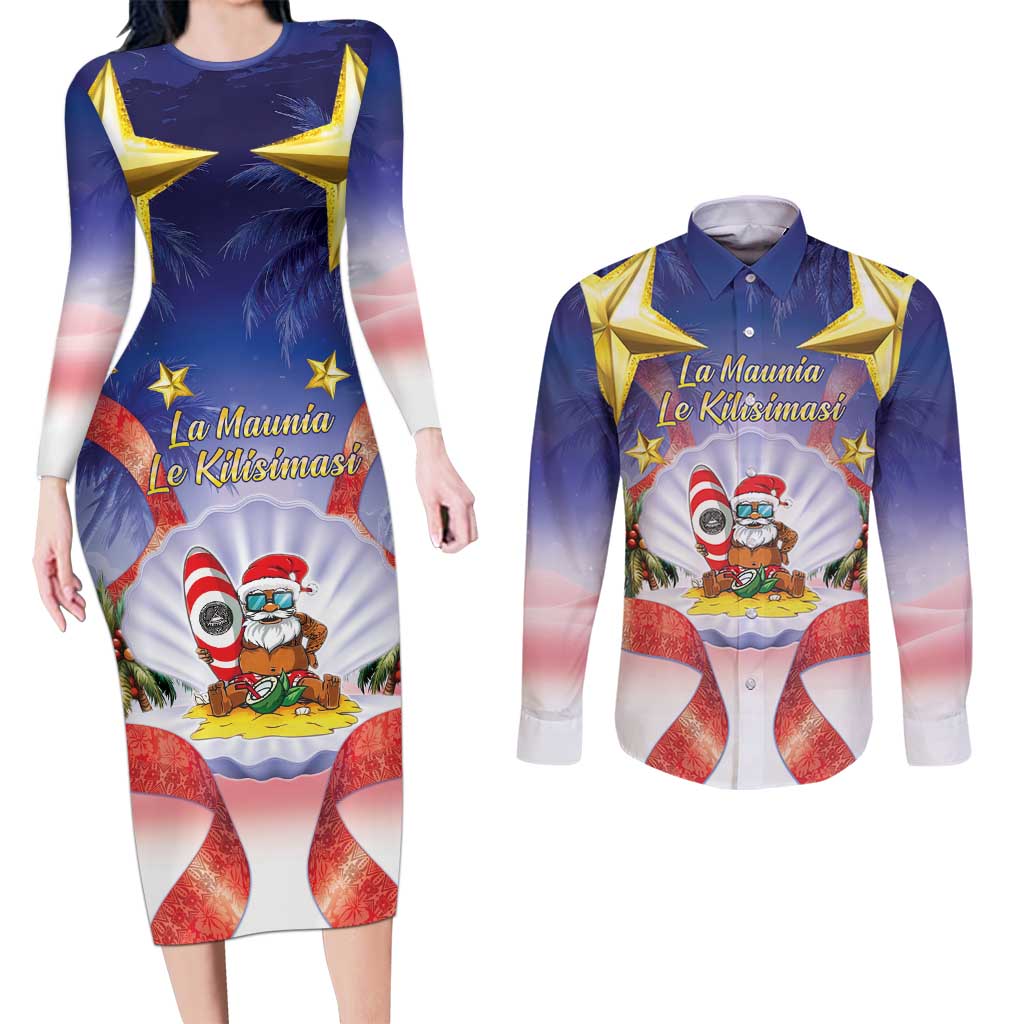 American Samoa Christmas Couples Matching Long Sleeve Bodycon Dress and Long Sleeve Button Shirt Seashell Santa Beach Vibes - Polynesian Pride