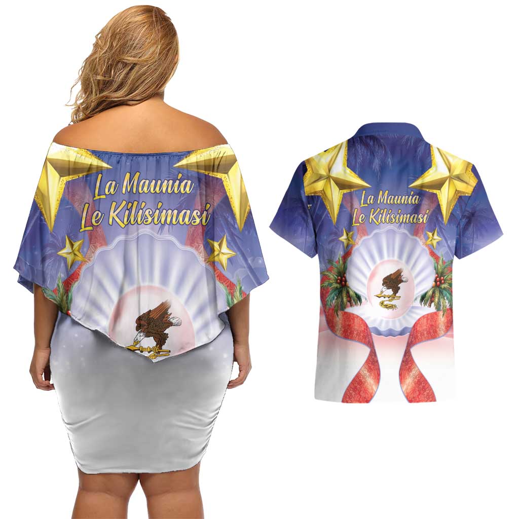 American Samoa Christmas Couples Matching Off Shoulder Short Dress and Hawaiian Shirt Seashell Santa Beach Vibes - Polynesian Pride