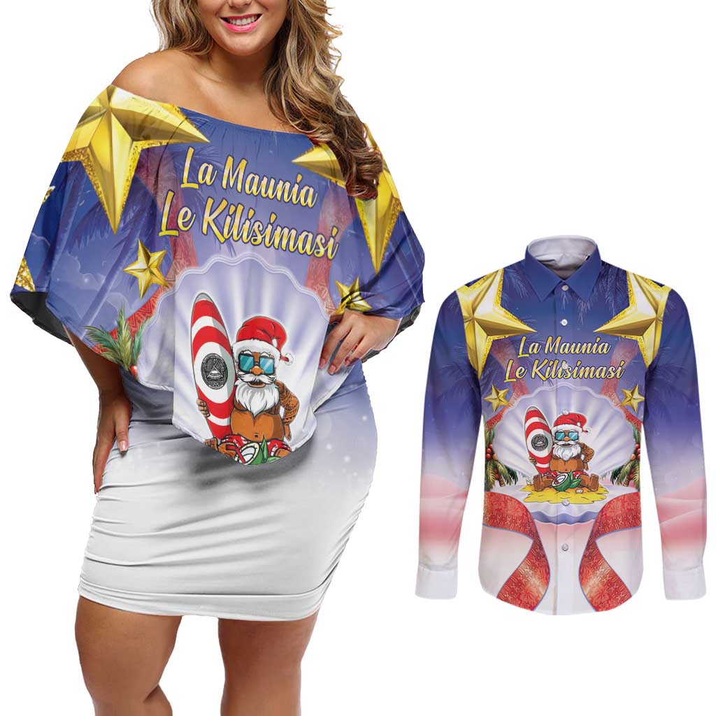 American Samoa Christmas Couples Matching Off Shoulder Short Dress and Long Sleeve Button Shirt Seashell Santa Beach Vibes - Polynesian Pride