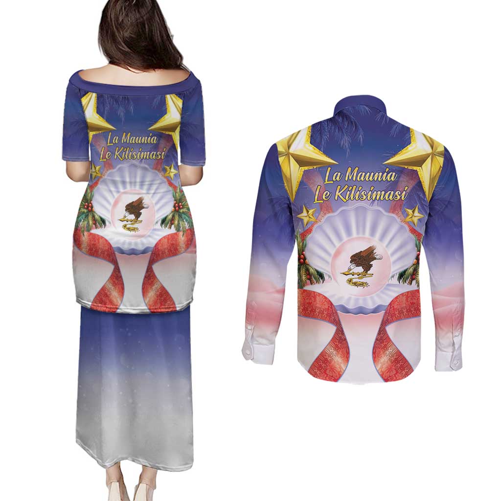American Samoa Christmas Couples Matching Puletasi and Long Sleeve Button Shirt Seashell Santa Beach Vibes - Polynesian Pride