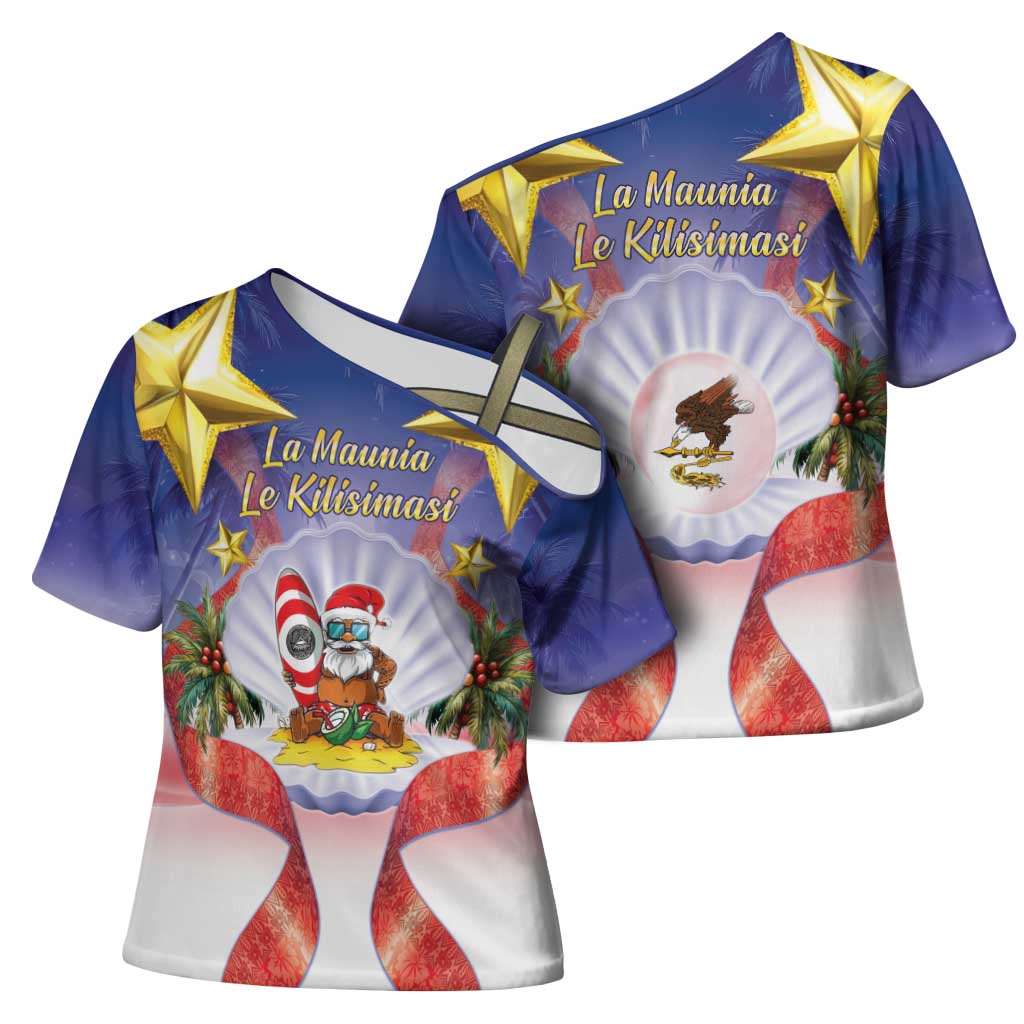 American Samoa Christmas Cross Shoulder Shirt Seashell Santa Beach Vibes - Polynesian Pride