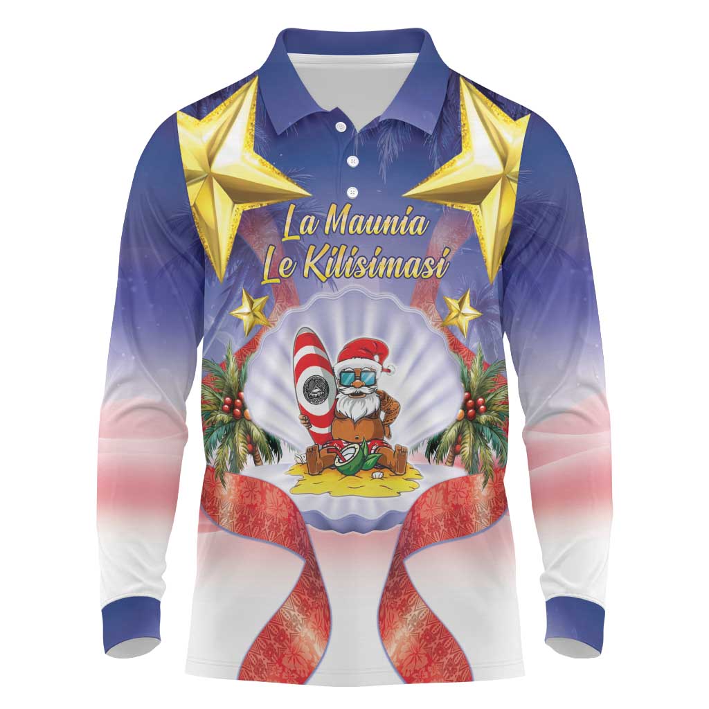 American Samoa Christmas Long Sleeve Polo Shirt Seashell Santa Beach Vibes - Polynesian Pride