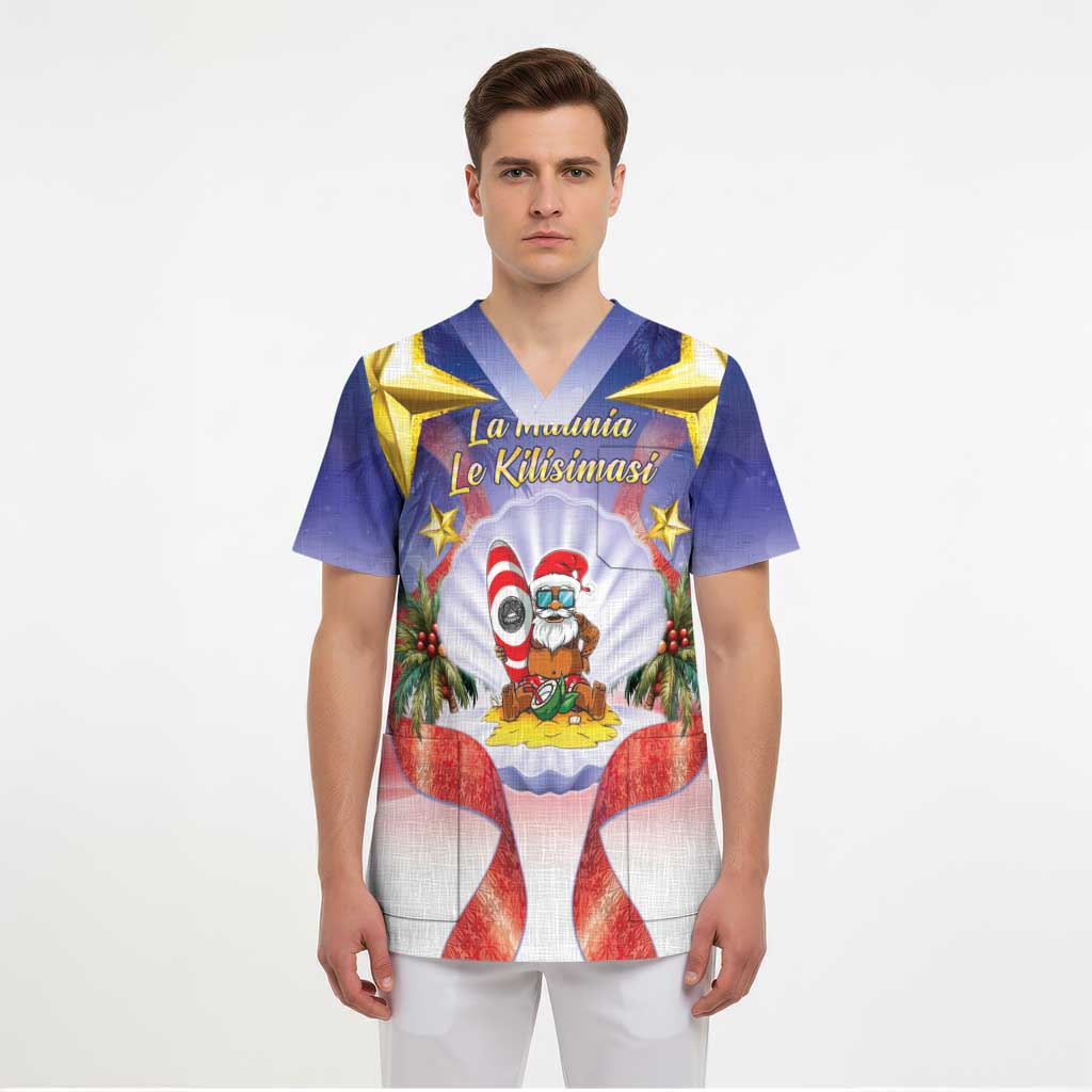 American Samoa Christmas Scrub Top Seashell Santa Beach Vibes - Polynesian Pride