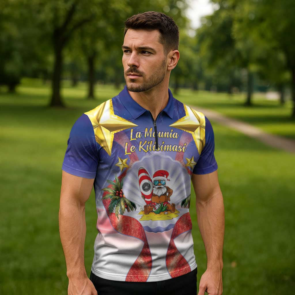 American Samoa Christmas Zipper Polo Shirt Seashell Santa Beach Vibes - Polynesian Pride