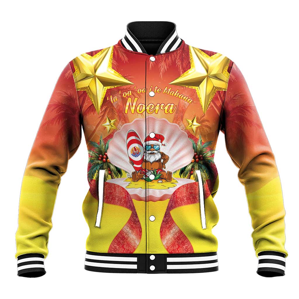 French Polynesia Christmas Baseball Jacket Seashell Santa Beach Vibes - Polynesian Pride