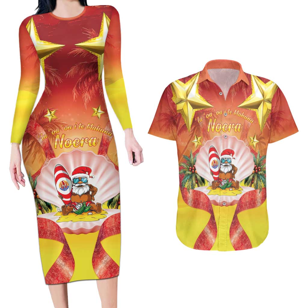 French Polynesia Christmas Couples Matching Long Sleeve Bodycon Dress and Hawaiian Shirt Seashell Santa Beach Vibes - Polynesian Pride