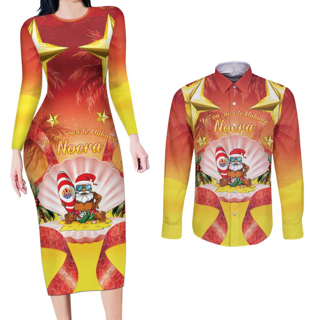 French Polynesia Christmas Couples Matching Long Sleeve Bodycon Dress and Long Sleeve Button Shirt Seashell Santa Beach Vibes - Polynesian Pride