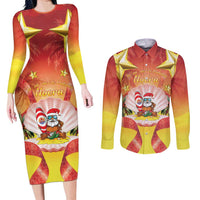 French Polynesia Christmas Couples Matching Long Sleeve Bodycon Dress and Long Sleeve Button Shirt Seashell Santa Beach Vibes - Polynesian Pride