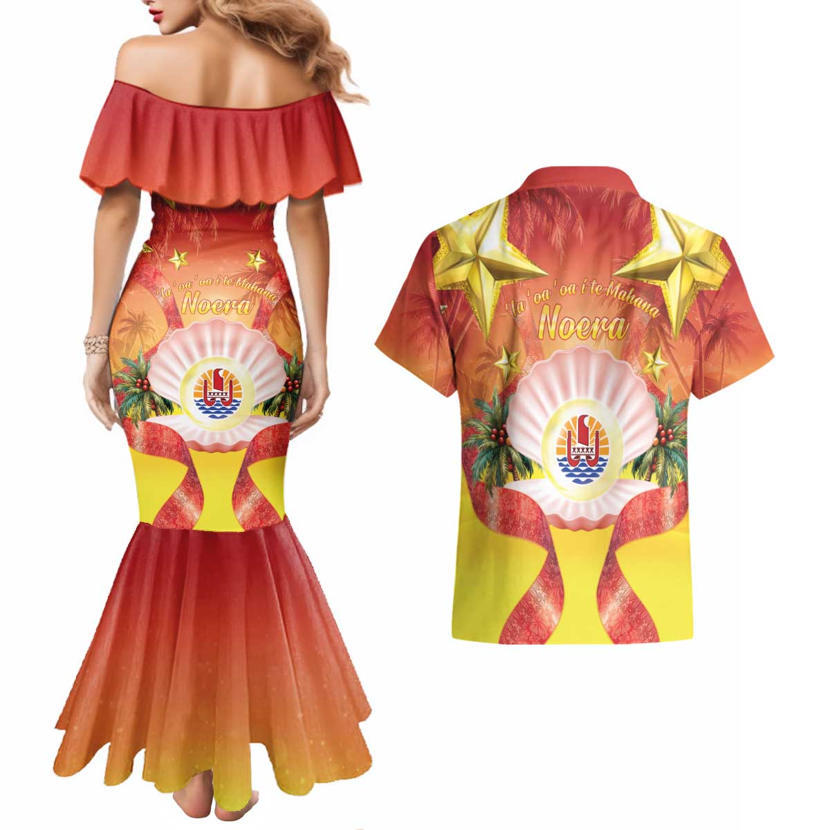 French Polynesia Christmas Couples Matching Mermaid Dress and Hawaiian Shirt Seashell Santa Beach Vibes - Polynesian Pride