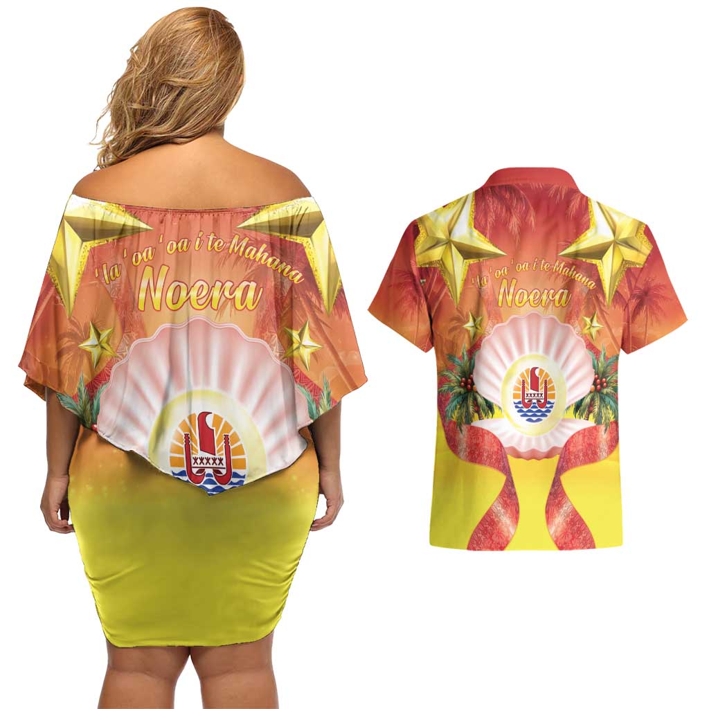 French Polynesia Christmas Couples Matching Off Shoulder Short Dress and Hawaiian Shirt Seashell Santa Beach Vibes - Polynesian Pride