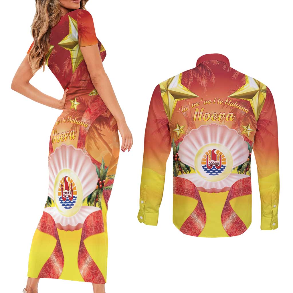French Polynesia Christmas Couples Matching Short Sleeve Bodycon Dress and Long Sleeve Button Shirt Seashell Santa Beach Vibes - Polynesian Pride