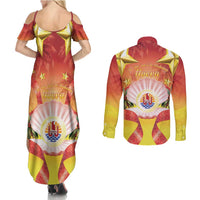 French Polynesia Christmas Couples Matching Summer Maxi Dress and Long Sleeve Button Shirt Seashell Santa Beach Vibes - Polynesian Pride