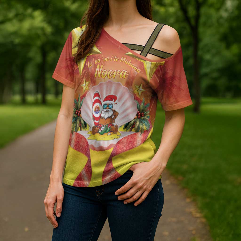 French Polynesia Christmas Cross Shoulder Shirt Seashell Santa Beach Vibes - Polynesian Pride