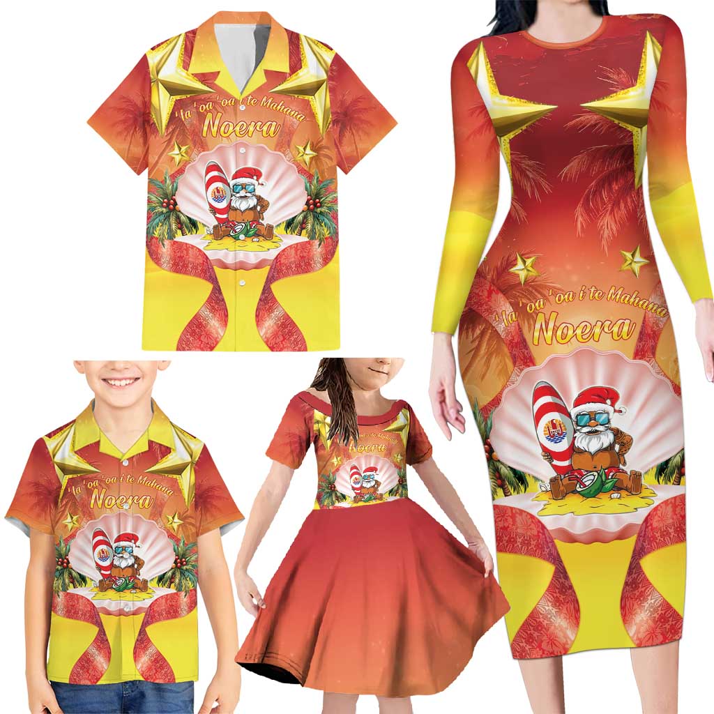 French Polynesia Christmas Family Matching Long Sleeve Bodycon Dress and Hawaiian Shirt Seashell Santa Beach Vibes - Polynesian Pride