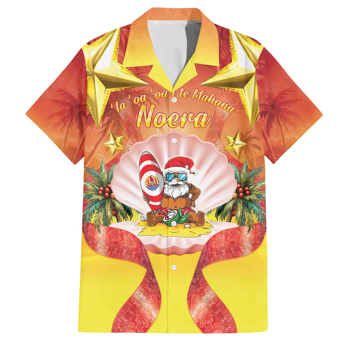 French Polynesia Christmas Family Matching Off The Shoulder Long Sleeve Dress and Hawaiian Shirt Seashell Santa Beach Vibes - Polynesian Pride