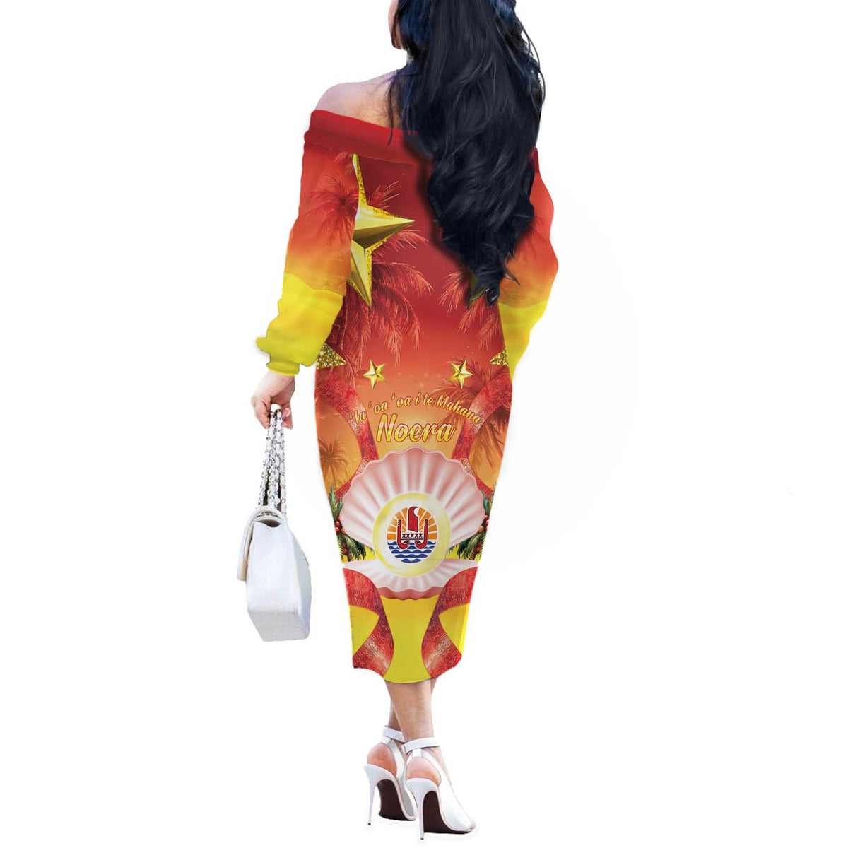 French Polynesia Christmas Off The Shoulder Long Sleeve Dress Seashell Santa Beach Vibes - Polynesian Pride