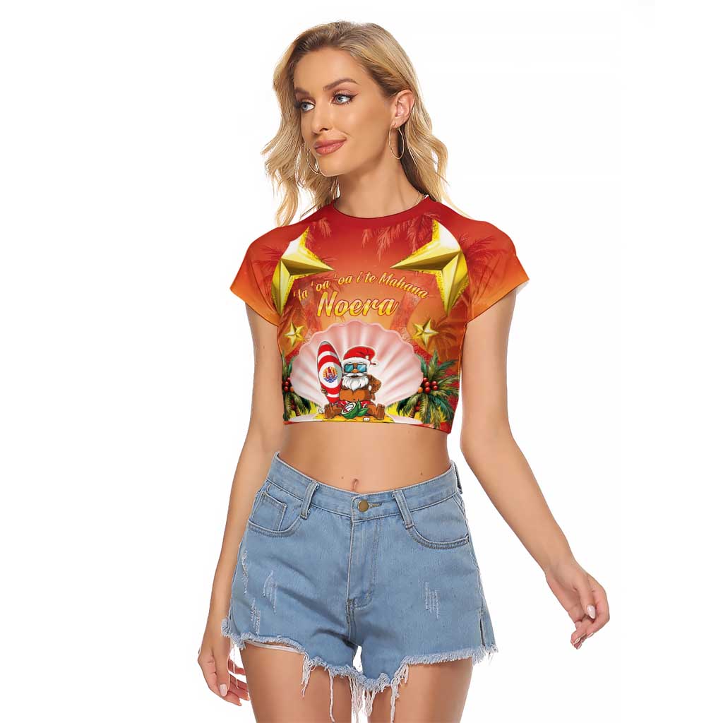 French Polynesia Christmas Raglan Cropped T Shirt Seashell Santa Beach Vibes - Polynesian Pride