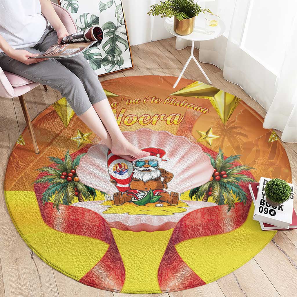 French Polynesia Christmas Round Carpet Seashell Santa Beach Vibes - Polynesian Pride