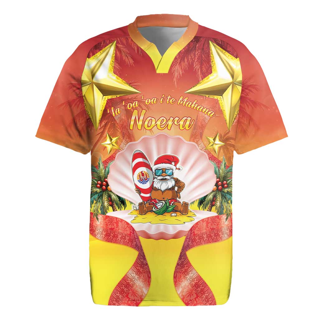French Polynesia Christmas Rugby Jersey Seashell Santa Beach Vibes - Polynesian Pride