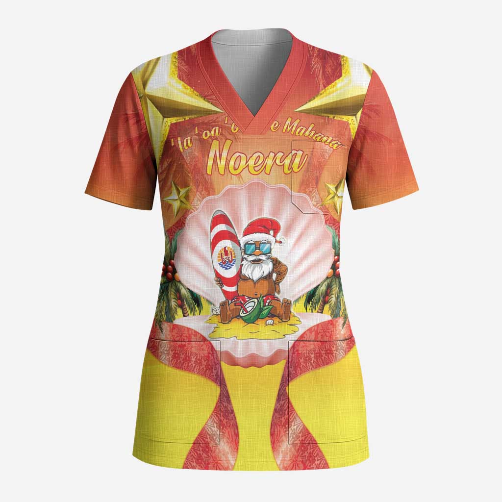 French Polynesia Christmas Scrub Top Seashell Santa Beach Vibes - Polynesian Pride