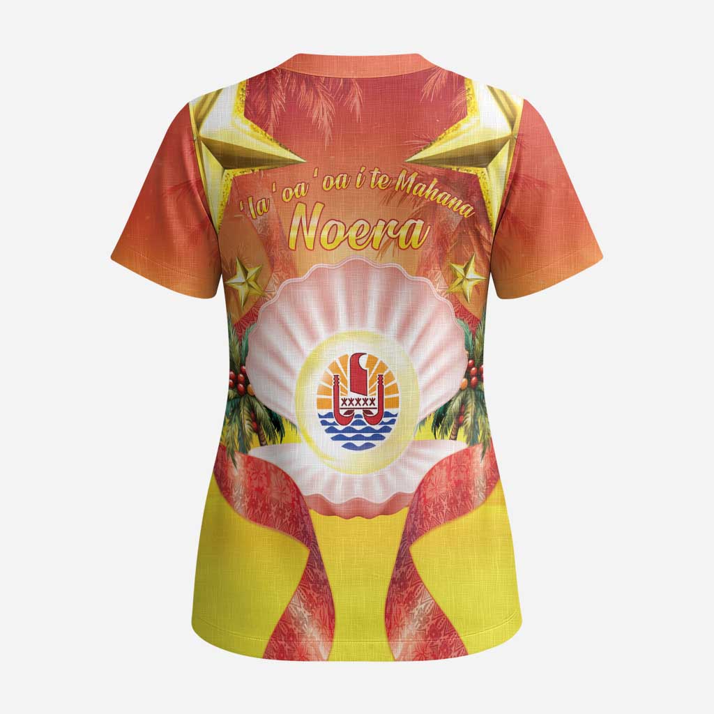 French Polynesia Christmas Scrub Top Seashell Santa Beach Vibes - Polynesian Pride