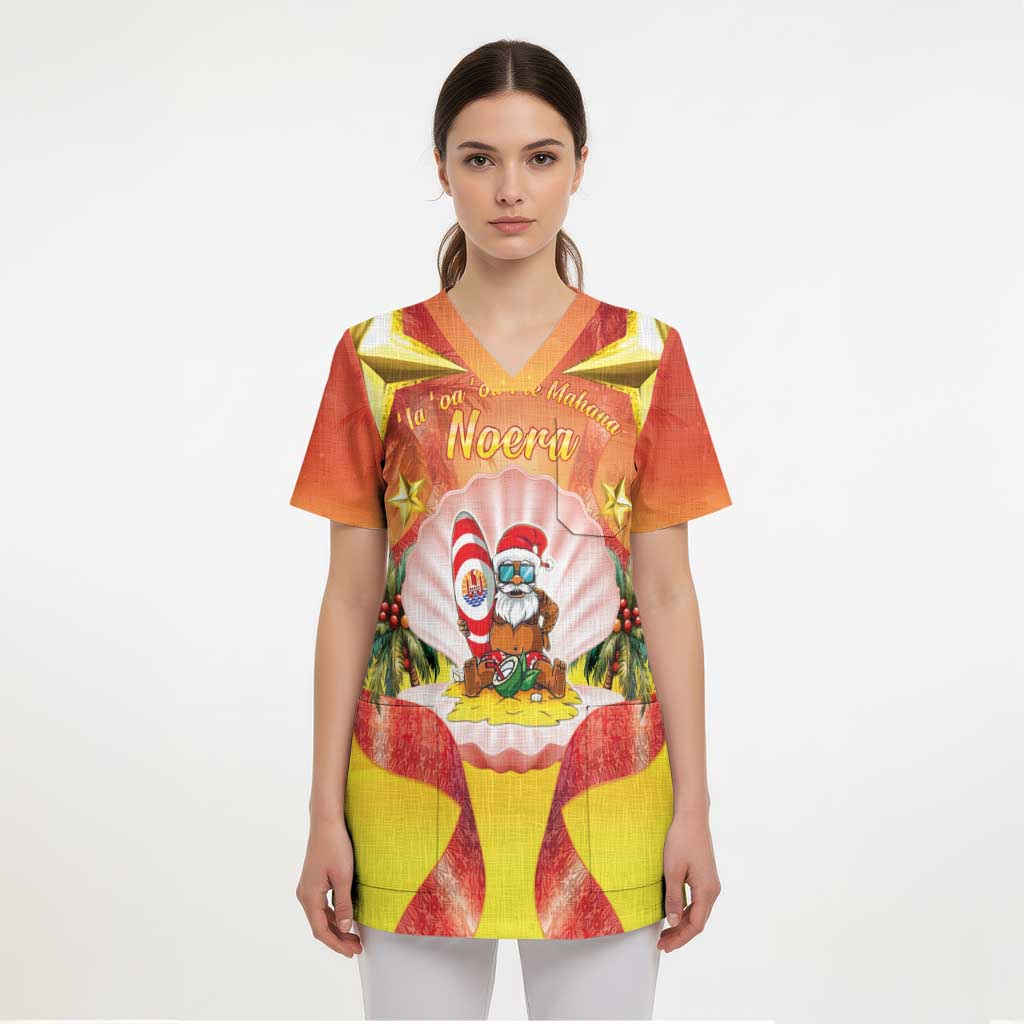 French Polynesia Christmas Scrub Top Seashell Santa Beach Vibes - Polynesian Pride