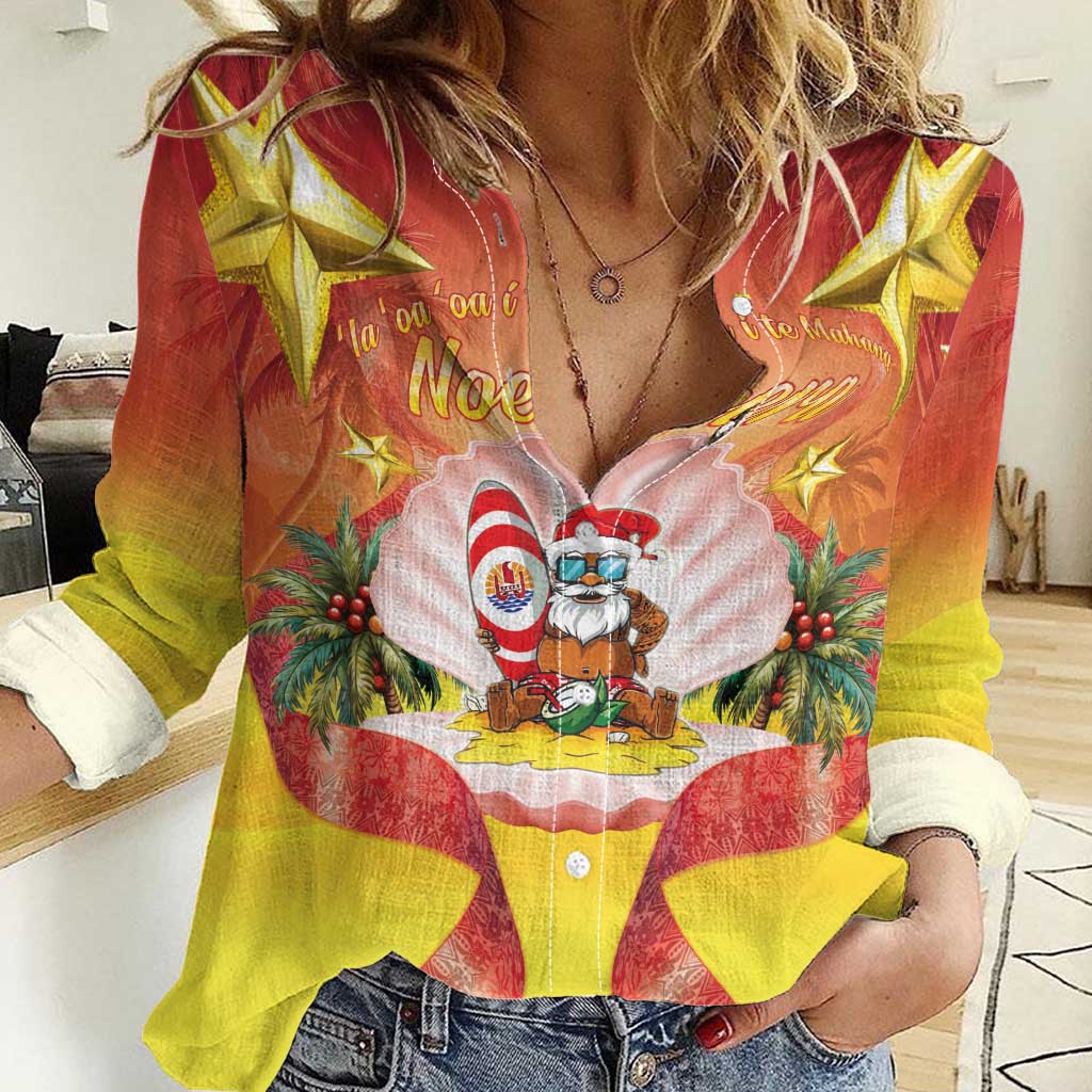 French Polynesia Christmas Women Casual Shirt Seashell Santa Beach Vibes - Polynesian Pride