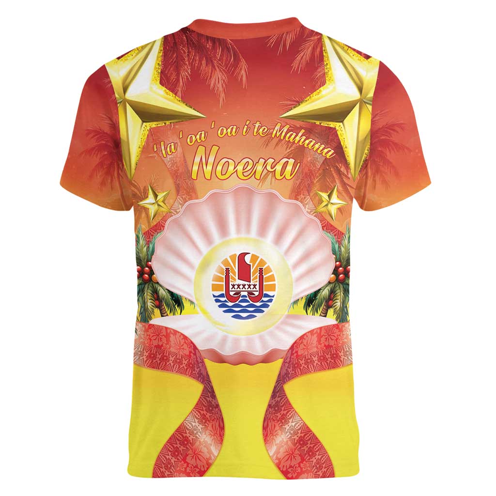 French Polynesia Christmas Women V-Neck T-Shirt Seashell Santa Beach Vibes - Polynesian Pride