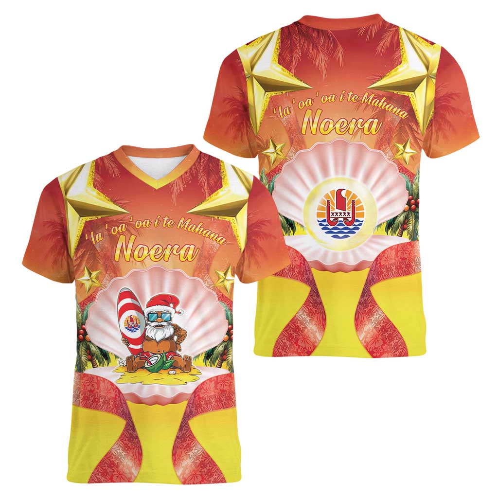 French Polynesia Christmas Women V-Neck T-Shirt Seashell Santa Beach Vibes - Polynesian Pride