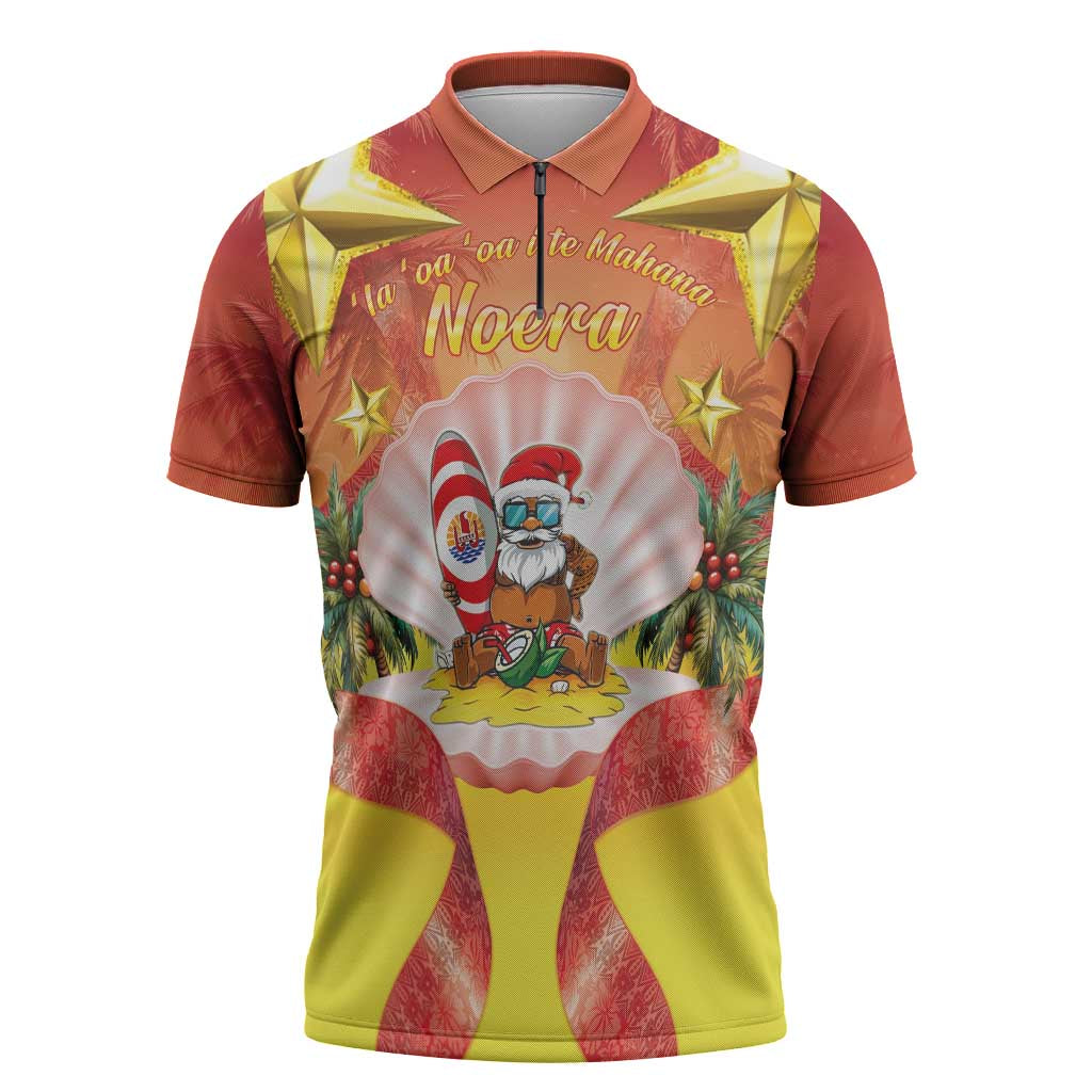 French Polynesia Christmas Zipper Polo Shirt Seashell Santa Beach Vibes - Polynesian Pride